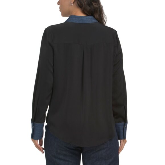 ELLEN TRACY Black Long Sleeve Shirt With Pockets And Denim Trim - Picture 2 of 2